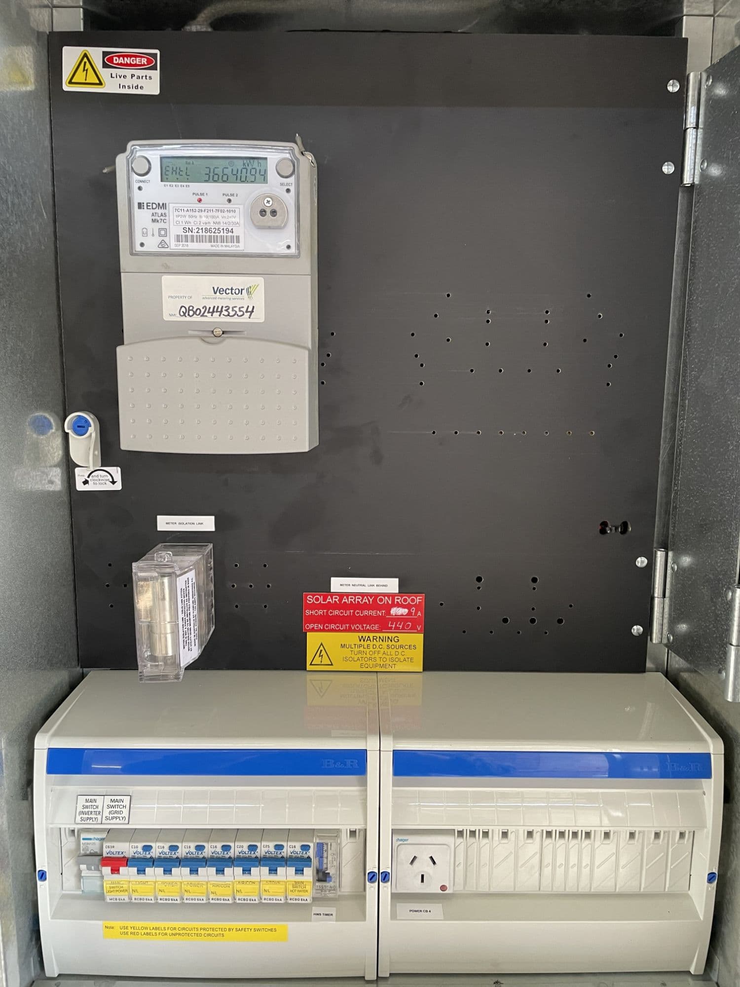 Residential switchboard with meter and solar compliance labelling